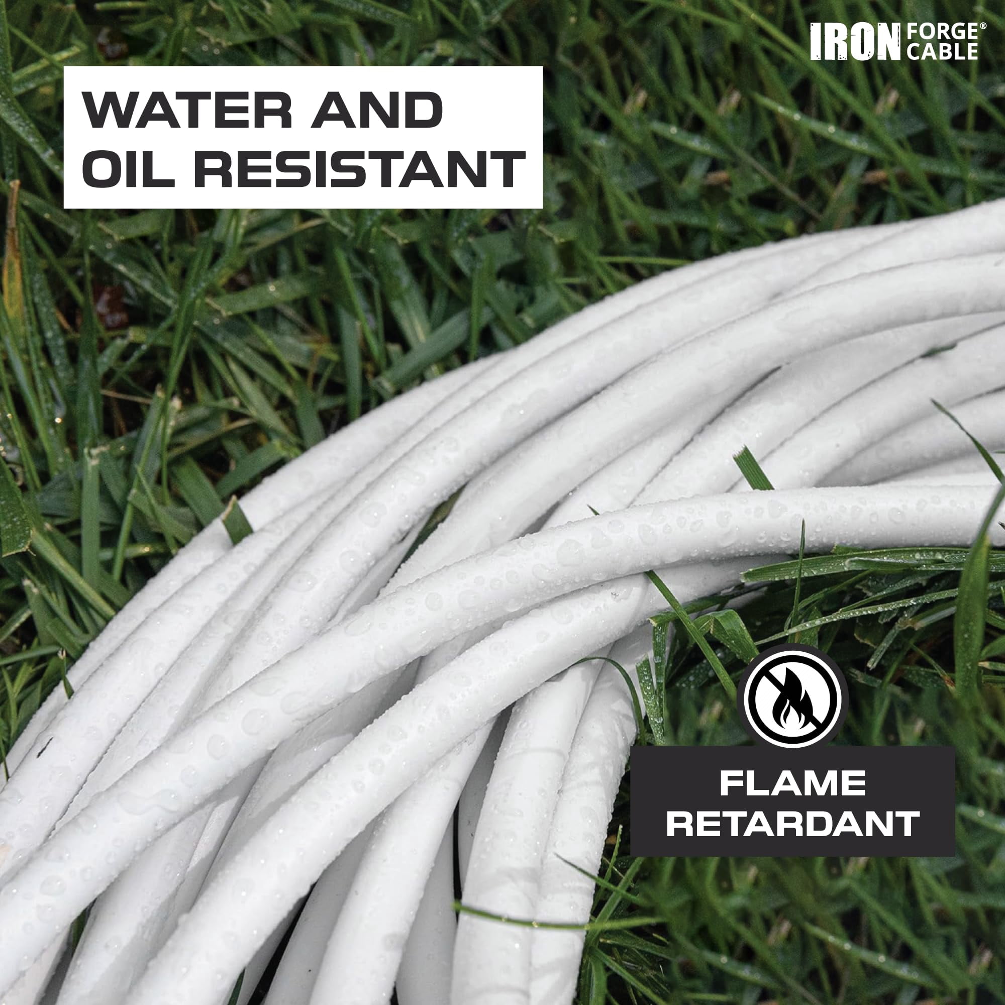 Iron Forge Cable 50ft White Outdoor Extension Cord with 3 Outlets - 14/3 SJTOW Oil Resistant 15 Amp 50ft Extension Cord 3 Prong - Multiple Outlets