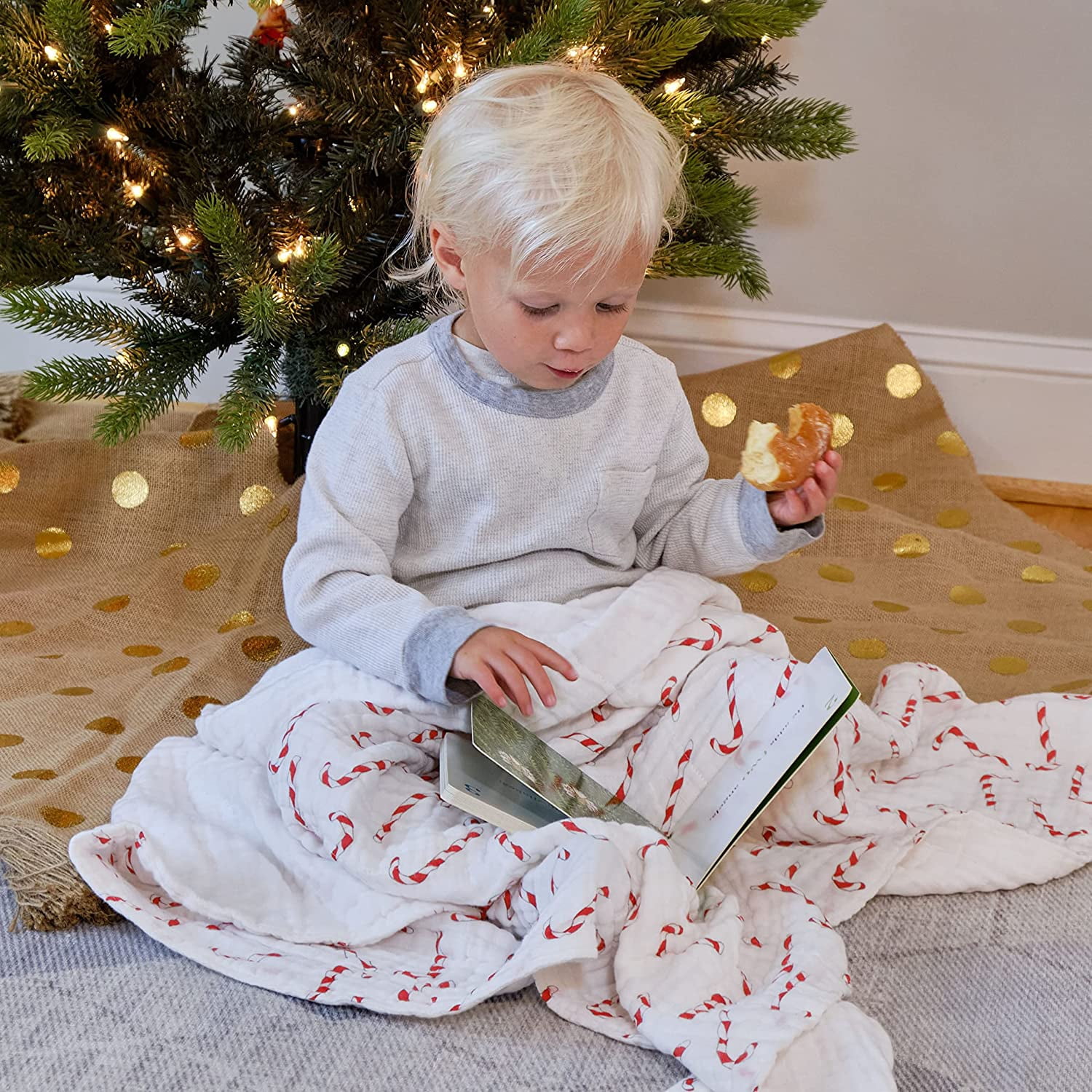 LollyBanks Candy Cane Baby Holiday Blanket Christmas Muslin Quilt, 47"x47", 1 Pack