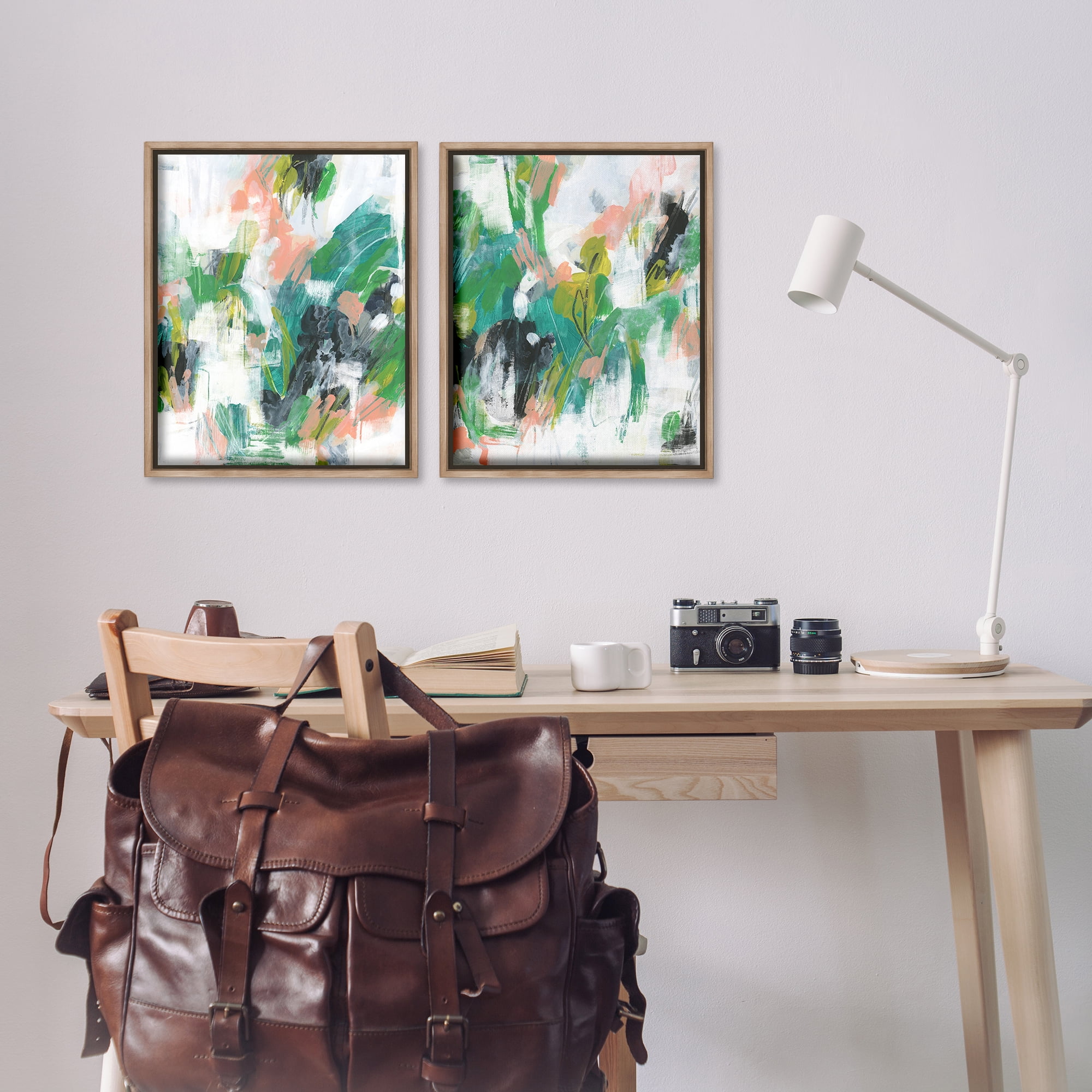 Stupell Industries Green Abstract Layers Abstract Painting Brown Floater Framed Canvas Art Print Wall Art, 17 x 21, Set of 2
