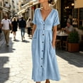 thumbnail image 4 of IUYRTFE Women's V Neck Button Down Midi Dress Short Sleeve Lightweight Casual Summer Flowy Dress with Pockets, 4 of 5