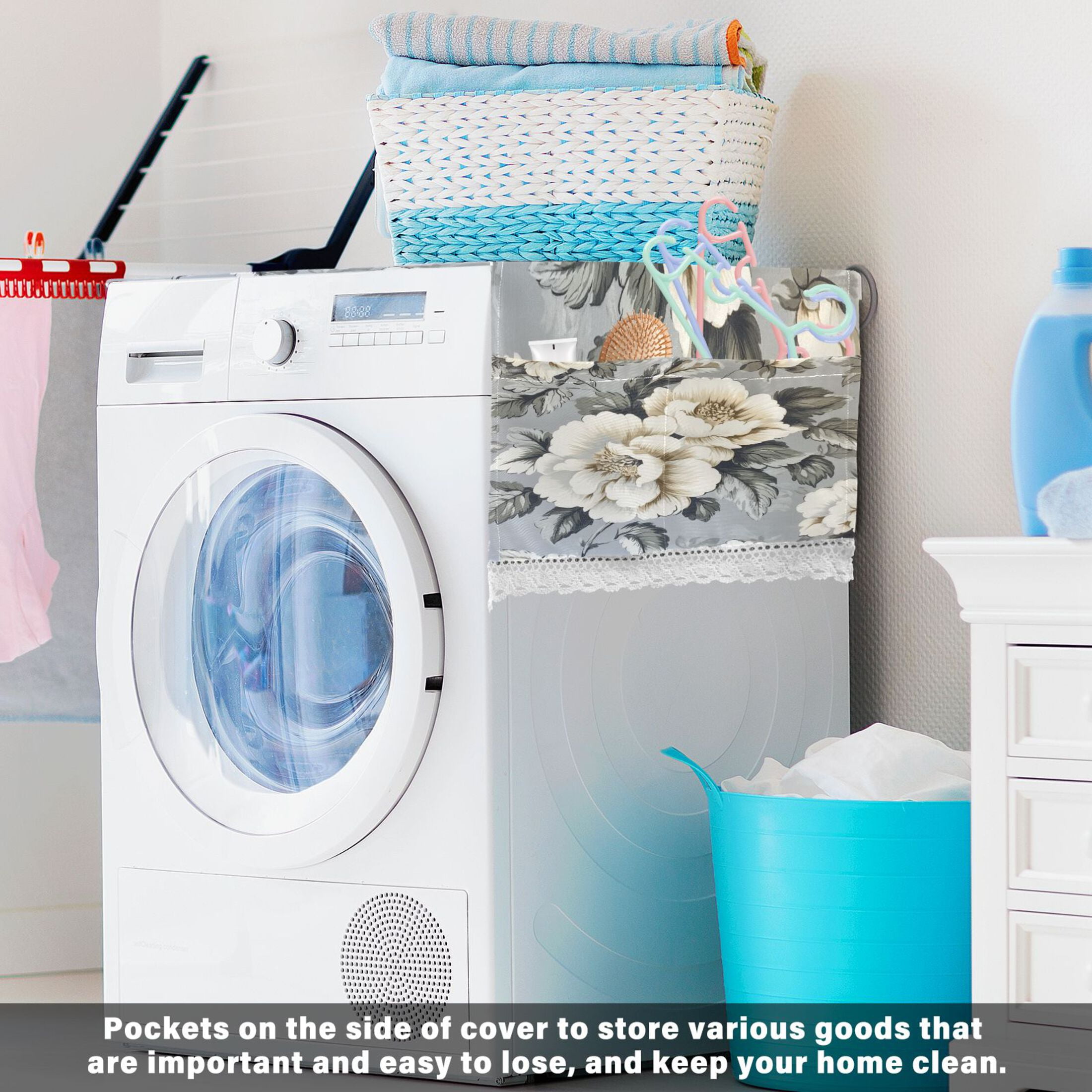 White Peony PatternWasher and Dryer Covers Dust-Proof and Oil Resistant Fridge Cover with 4 Storage Pockets Washing Machine Top Cover for Laundry Kitchen Home 51.2 x 22 In