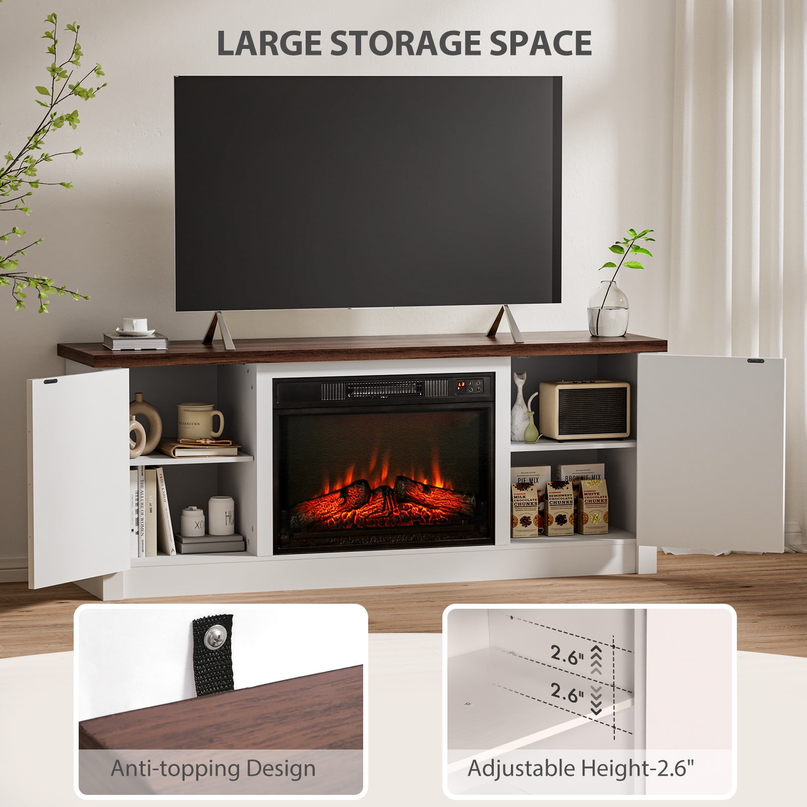 MARNUR Electric Fireplace TV Stand for TVs up to 65", Farmhouse Entertainment Center with 2 Doors, Rustic Wood, White