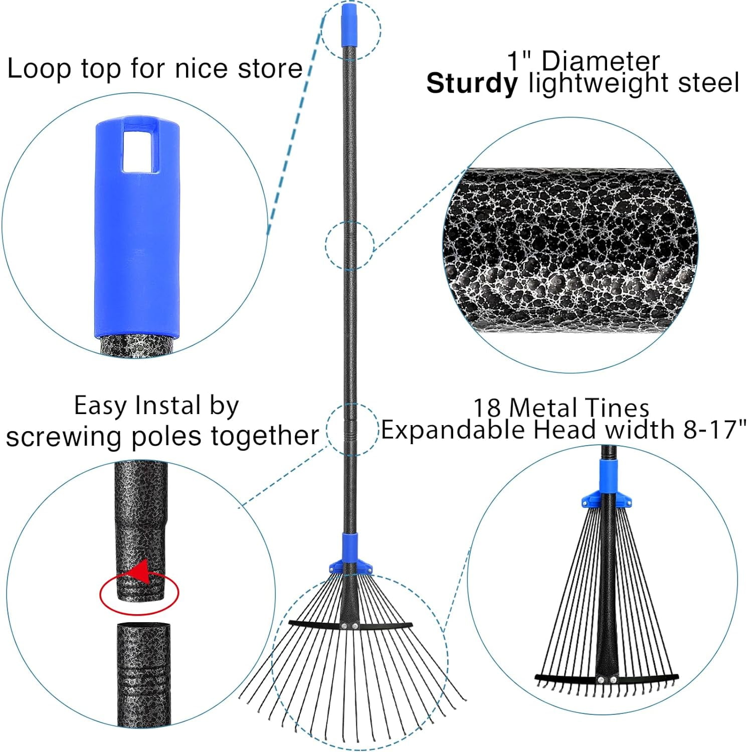 OLIYNEDY Adjustable Garden Leaf Rake 67 inch, Collapsible Metal Yard Rake for Leaves with Expandable Head 8-17"