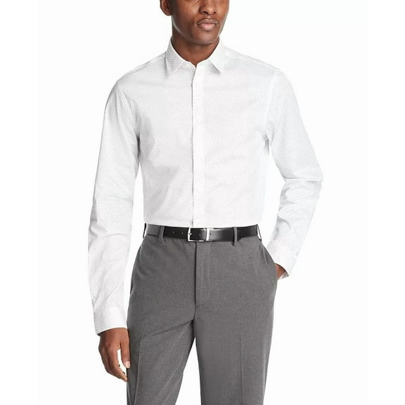 Calvin Klein Steel Plus Mens Slim Fit Dress Shirt Grey White Geometric-15 32/33