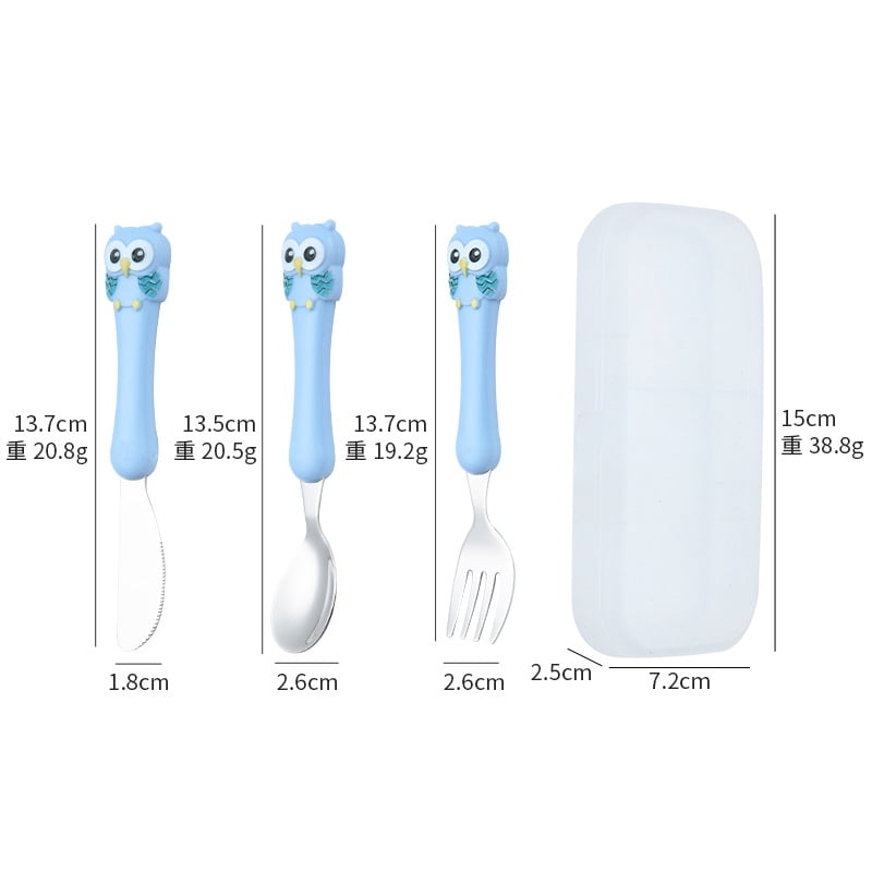 Toddler Cute Cartoon Owl Utensils with Case, Kids Spoon Fork and Knife Set, Self-feeding Stainless Steel Baby Silverware, Child Flatware Set, Travel Cutlery Set for Ages 18 Months+