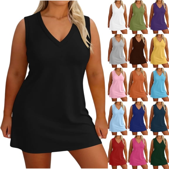 NSLGXD Plus Size Dresses for Curvy Women Sleeveless V Neck Mini Dress Solid Color Casual Tank Dress Vacation A Line T-Shirt Dress XL-5XL Black Dress