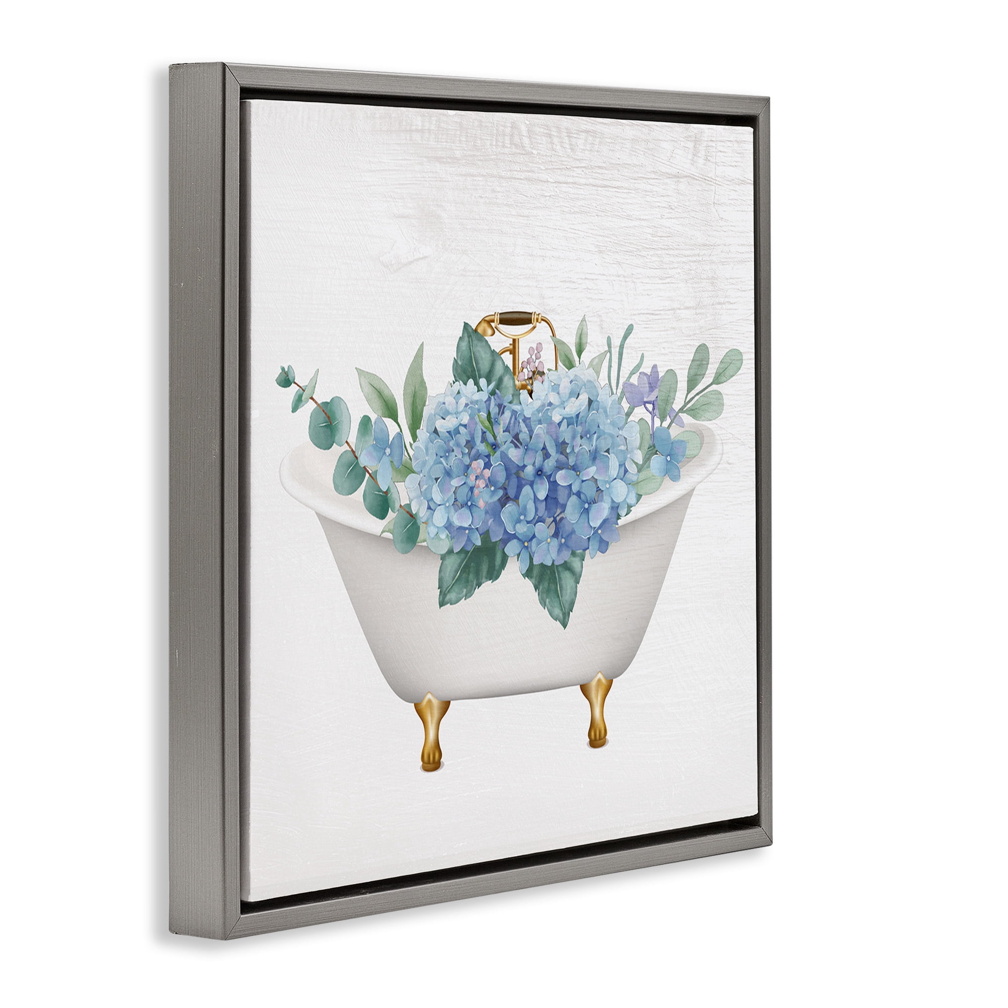 Stupell Industries Chic Bathtub with Hydrangea Blossoms Botanical & Floral Painting Gray Floater Framed Canvas Art Print Wall Art, 18 x 18