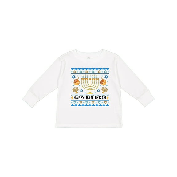 Inktastic Happy Hanukkah Sweater Style Design with Menorah and Dreidel Boys or Girls Long Sleeve Toddler T-Shirt