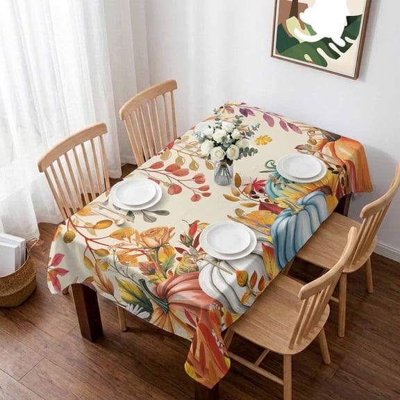 Orange Fall Table Cloth Waterproof Tablecloths, Thanksgiving Orange Blue Pumpkins Botanical Tablecloth Dining Table Cover for Kitchen Party Tabletop Outdoor, Rectangle Tablecloth 60x102 Inch