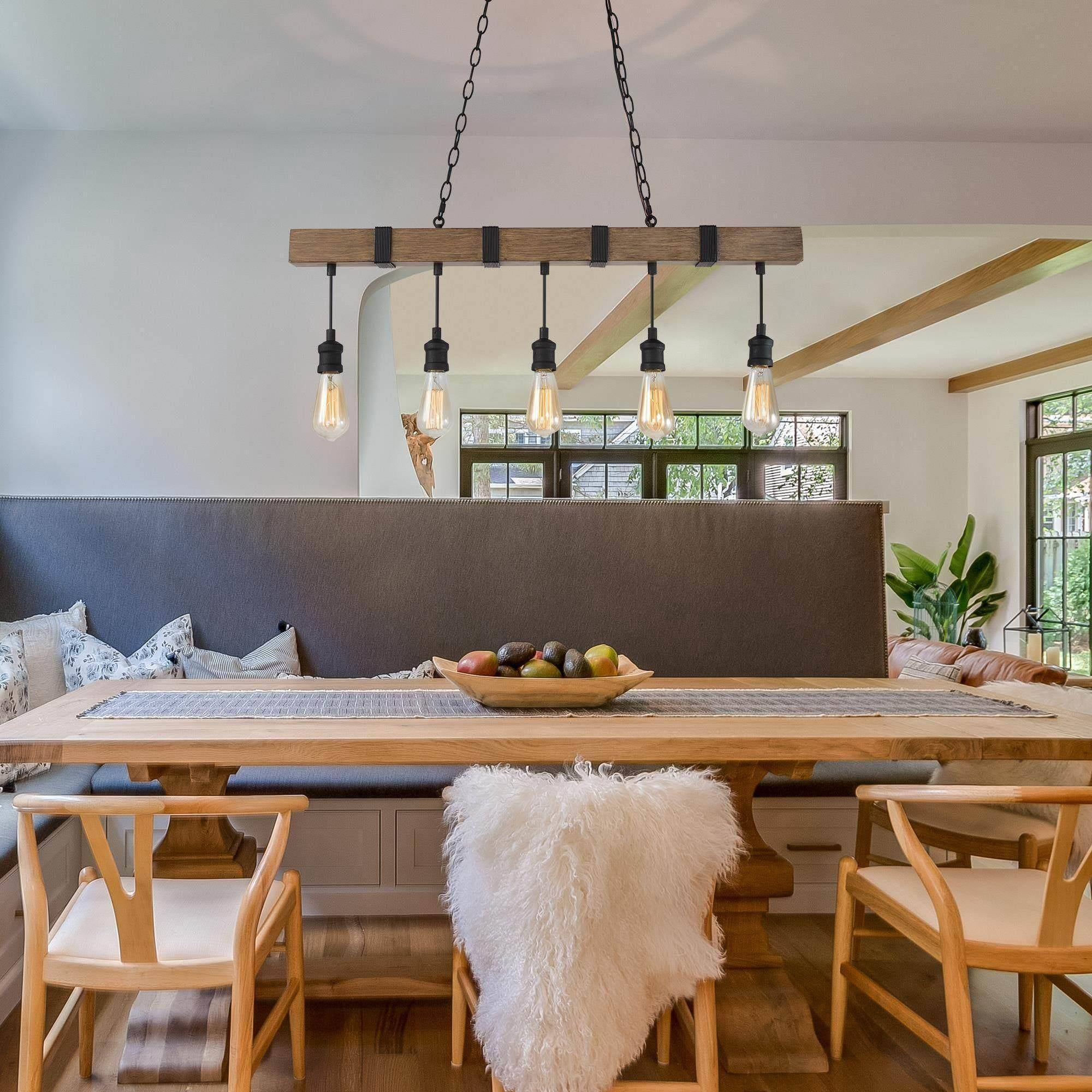 LNC 5-Light Brown Wood and Black Bare Bulb LED Farmhouse Linear Chandelier