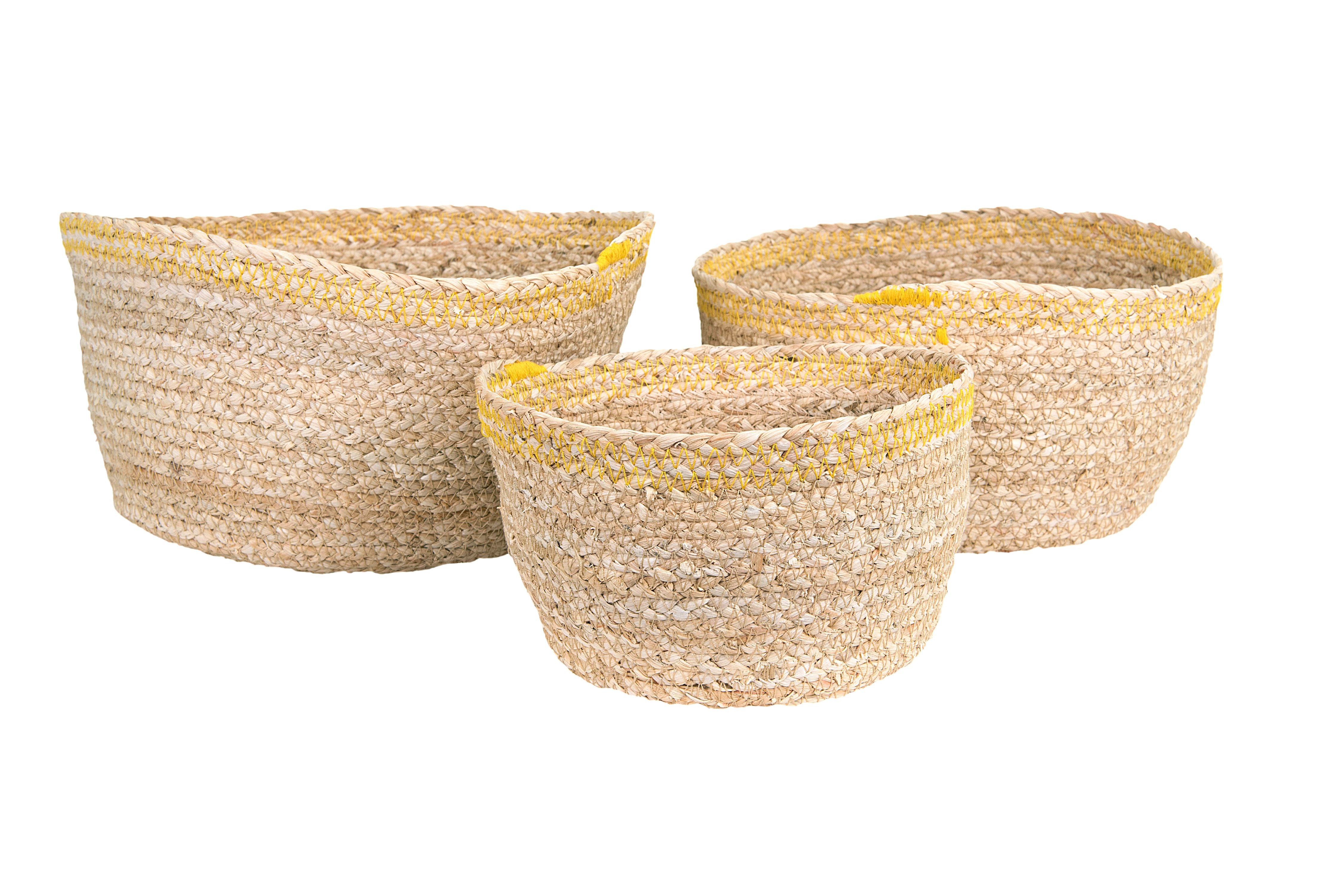 3R Studios Maize Basket with Yellow Stitching Set of 3