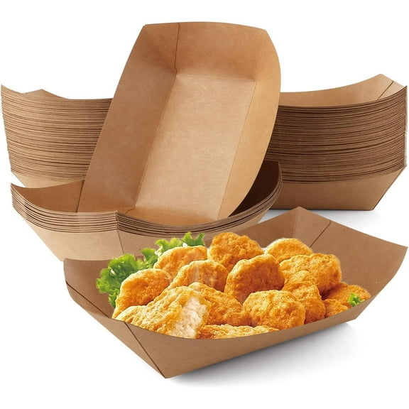 GoXteam 2 lb Paper Food Trays, 50 Pack Heavy Duty Kraft Food Boats Holders Disposable Serving Basket Trays for Nachos, Fries, BBQ, Festivals, Party