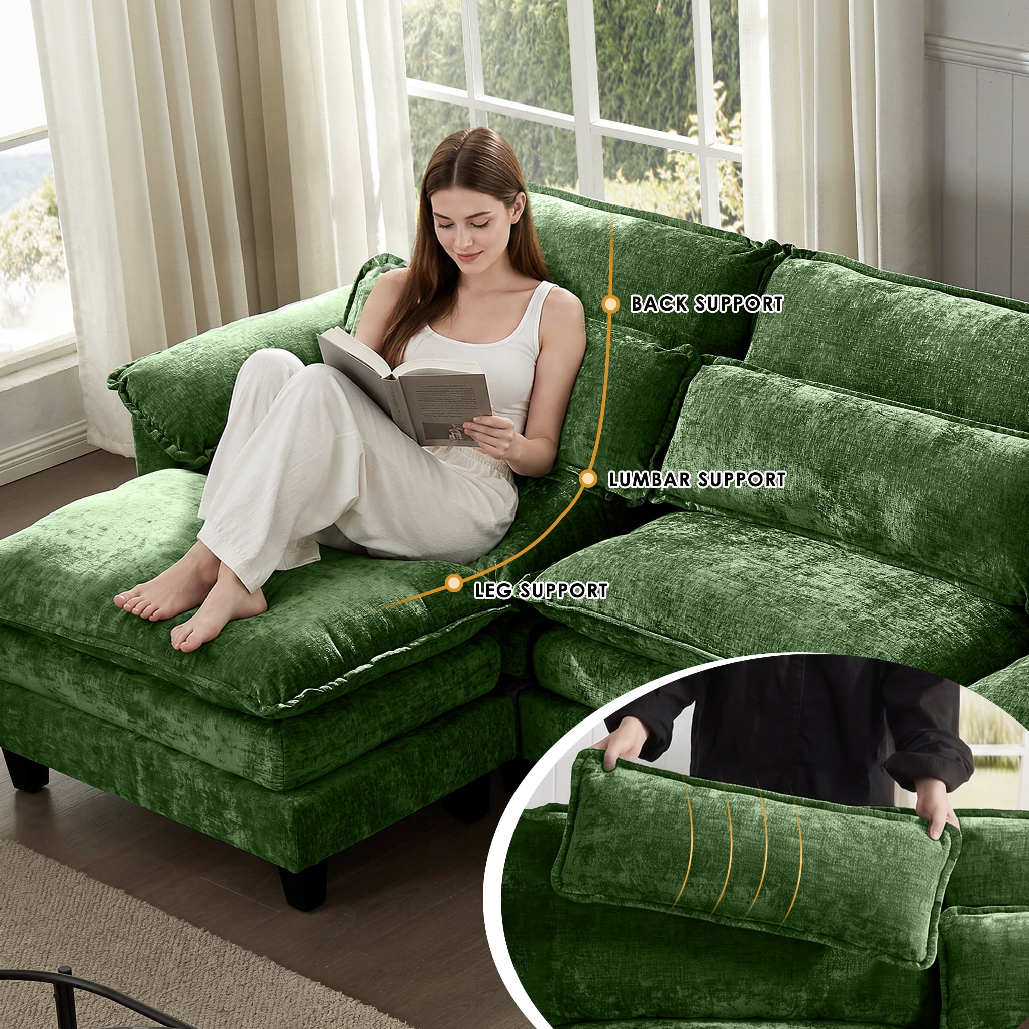 AISWORD U Shaped Cloud Couch Sectional, Oversized Modular Sofa with USB Charging, Hidden Storage, Cup Holders & Double Chaise for Living Room, Green