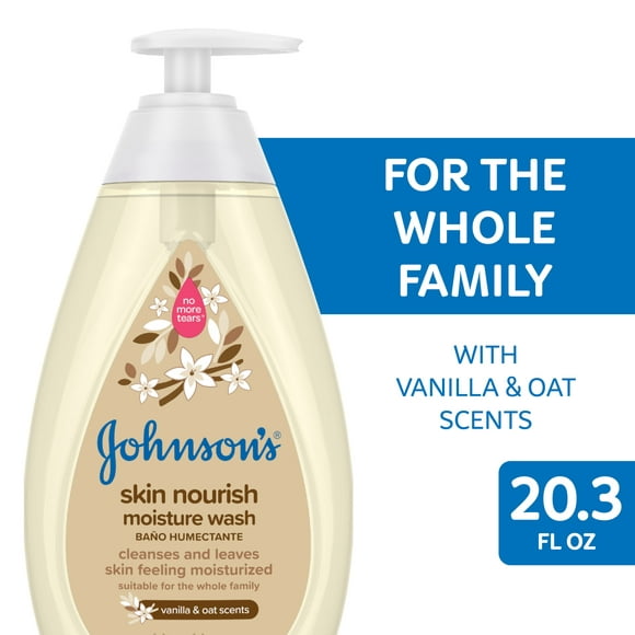 Johnson's Skin Nourish Moisture Tear Free Soap and Body Wash, Vanilla and Oat Shower Gel, 20.3 oz