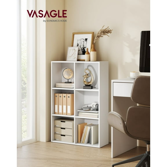 6-Cube Storage Shelf, Open Bookcase Organizer, 9.4" D x 25.8" W x 38.6" H, for Living Room, Office, Dining Room, Cloud White