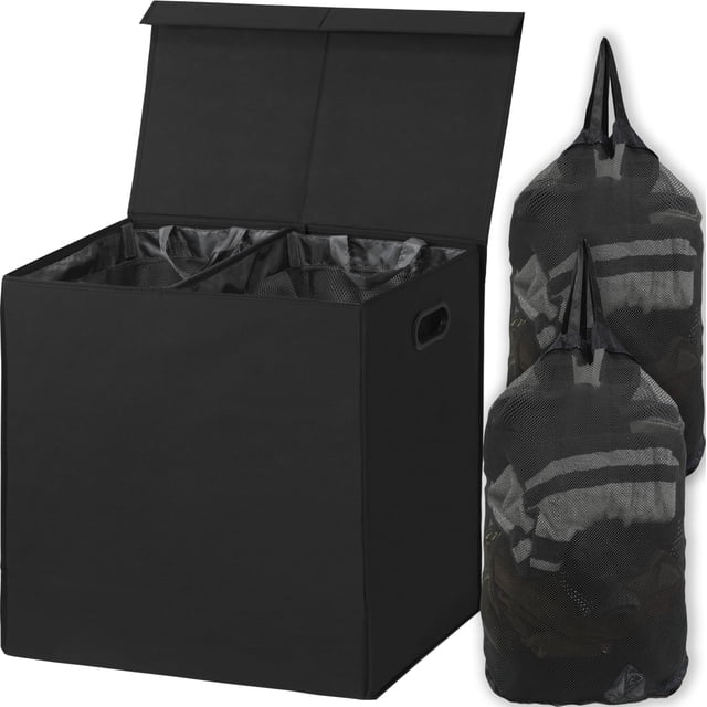 Simple Houseware - Cesto doble para la colada con tapa y bolsas extraíbles, color negro