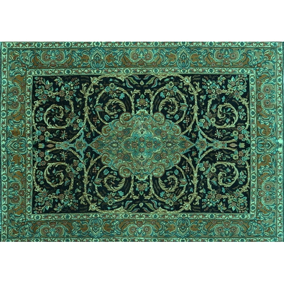 Ahgly Company Machine Washable Indoor Rectangle Medallion Turquoise Blue Traditional Area Rugs, 8' x 10'
