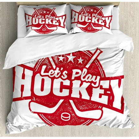 - Hockey Queen Size Duvet Cover Set, Let's Play Retro Style Sports Stamp Illustration League Tournament Win Victory, Decorative 3 Piece Bedding Set with 2 Pillow Shams, Dark Coral White, by Ambesonne