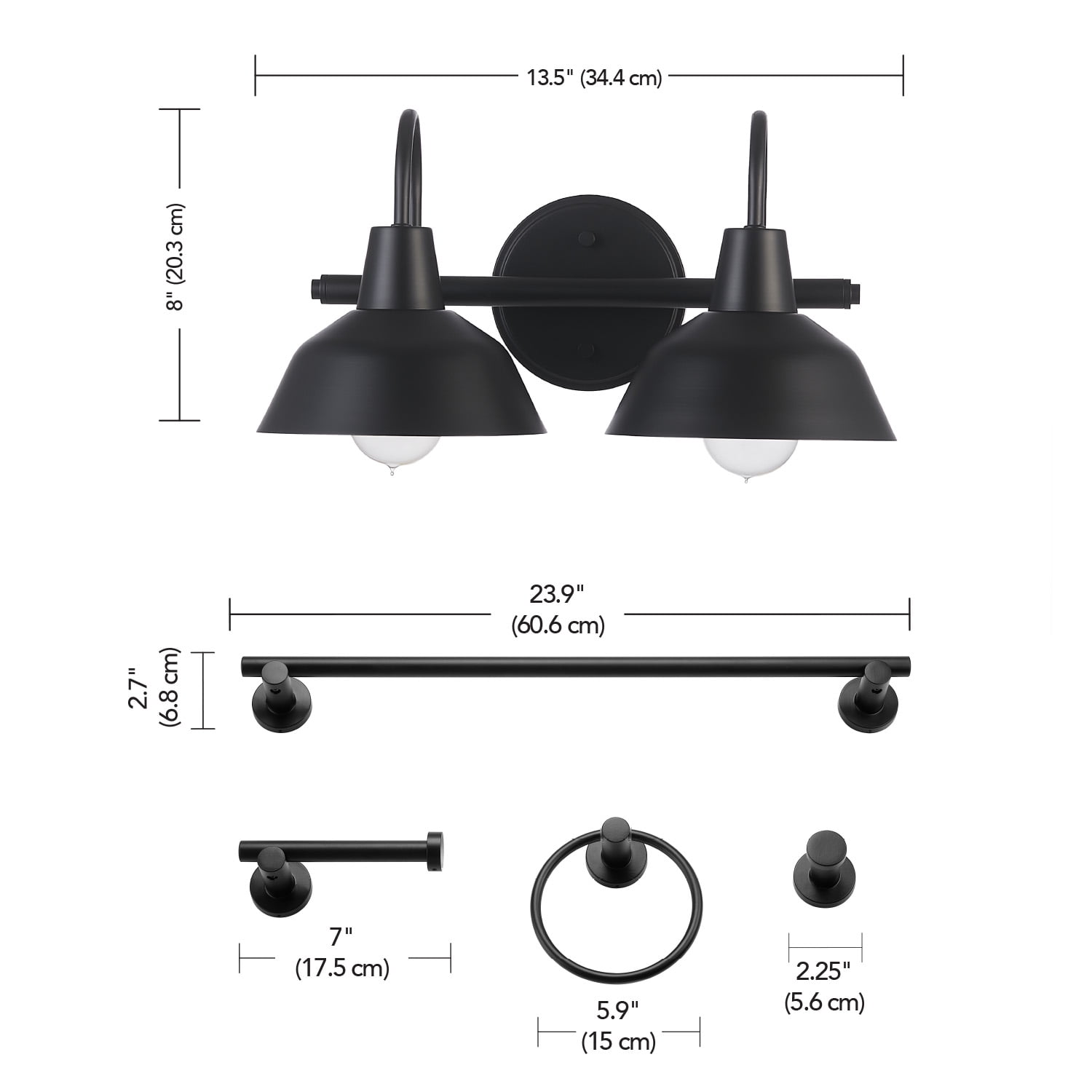 Globe Electric Modern 3-Piece Matte Black Bathroom Set with Hardwired 2-Light LED Vanity Light