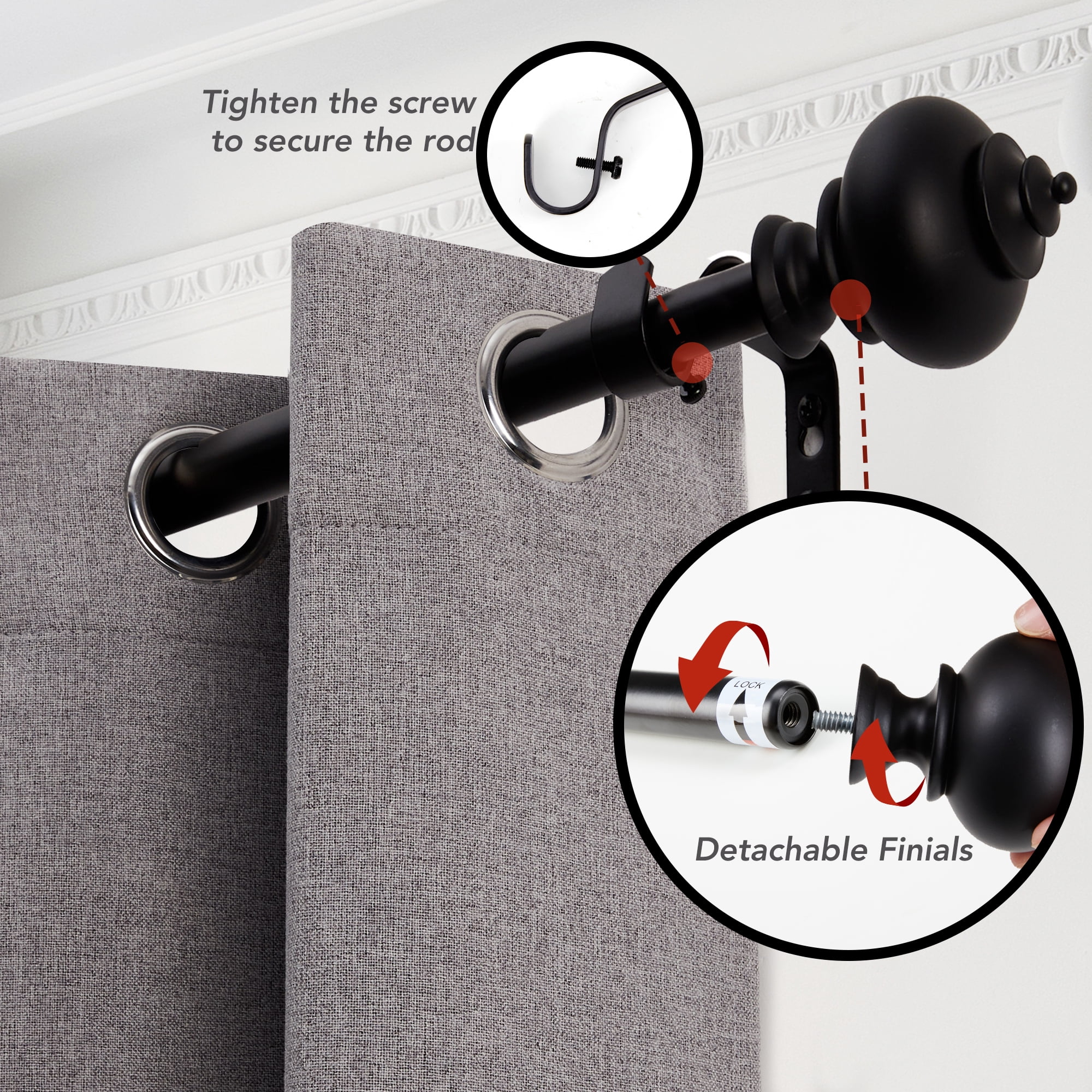 Deconovo Heavy Duty Decorative Curtain Rod, Black, 30-48 Inch, Adjustable Stainless Steel Window Treatment Rod for Living Room & Bedroom