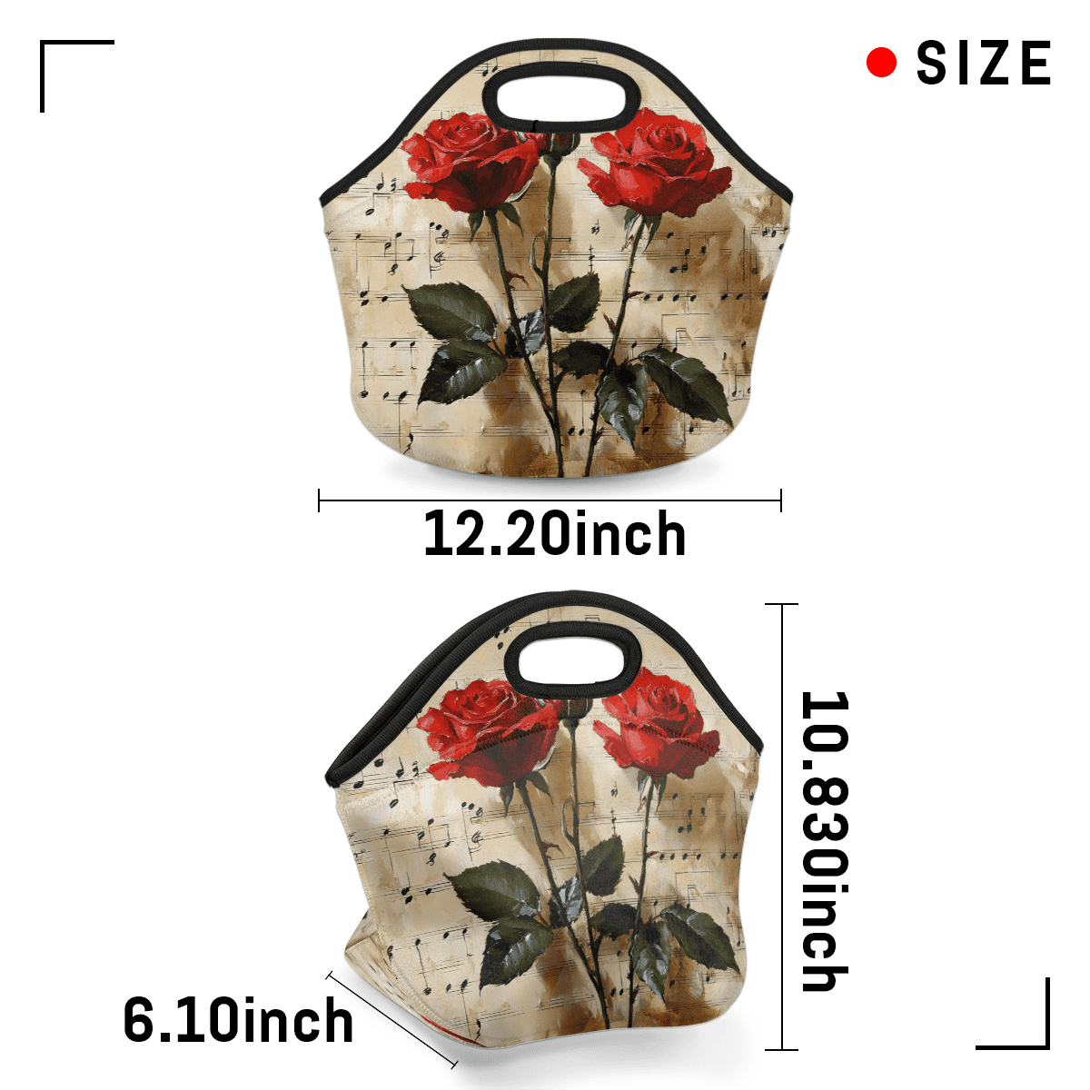 Herdesigns Red Rose Insulated Lunch Bag Neoprene Lunch Box for Women Men Soft Cooler Bag Rose Floral Washable Lunch Tote for Work Outdoor Picnic