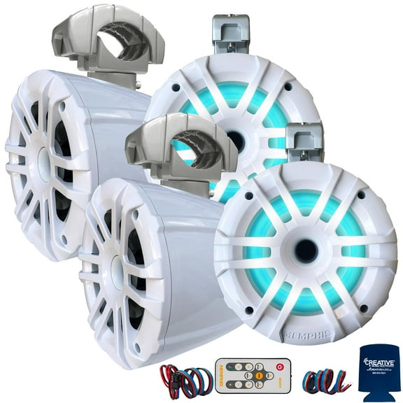 Memphis Audio LED Tower Speaker Bundle with 4 (2 pairs) MXA62TW White 6.5 Compression Speakers with Swivel Mounting Clamps and Remote