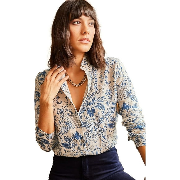 DART Blouses for Women Fashion, Casual Long Sleeve Button Down Shirts Tops, XS-3XL Blue/White X-Large