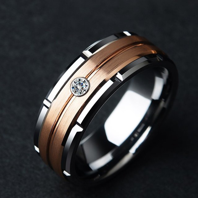 Anillo De Pareja De Diamantes Con Incrustaciones De Oro Rosa De Dos Colores