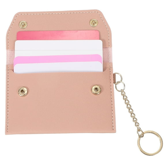 Leather Credit Card Holder, Slim Pocket Wallet for Women for Men with Detachable Keychain, Multi-Functional Dual-snap Card Organizer for ID & Cards(Pink)