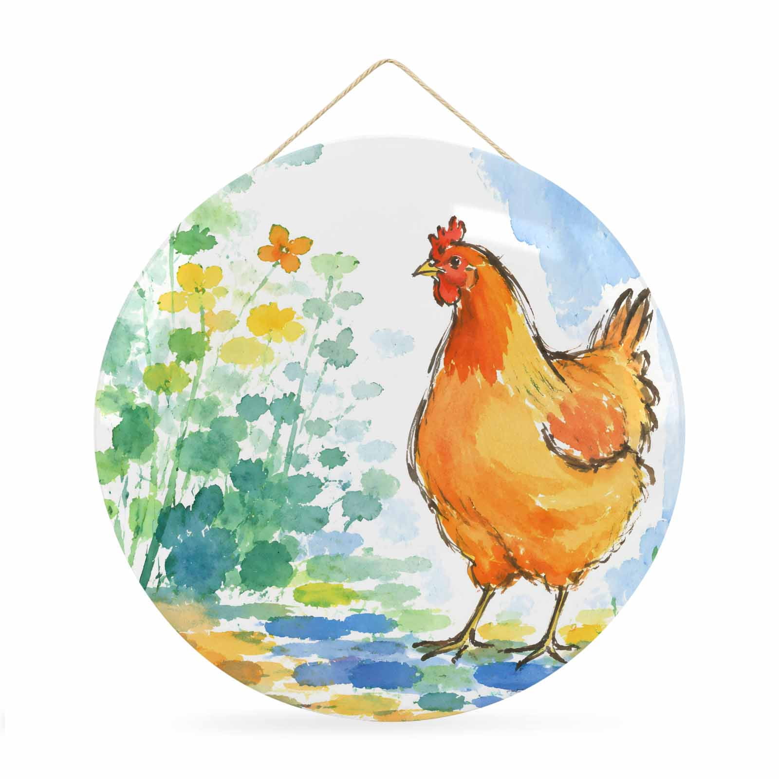 Welcome Sign for Front Door Watercolor Rooster Round Metal Wall Art Wreaths Farmhouse Colorful Flowers Herbs Outdoor Indoor Wall Hanging Sign for Porch Decor Housewarming Gifts 11.8 Inch