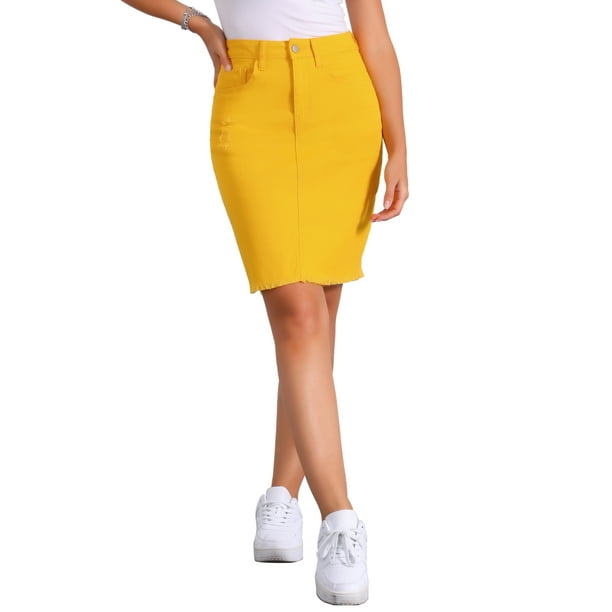 Faldas de mezclilla para mujer INSPIRE CHIC, desgastadas, de cintura alta, con dobladillo rasgado, faldas de jeans lavadas con bolsillos, talla XS, amarillas