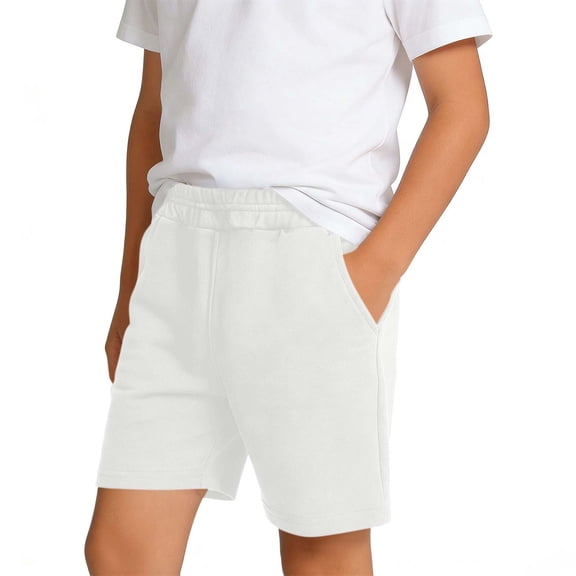 BLTIBY Boys Athletic Sweat Cotton Shorts Loose Elastic Waist Versatile Solid Summer Casual Workout Shorts with Pockets White 9-10Years