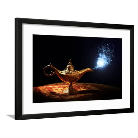 Magic Lamp from the Story of Aladdin with Genie Appearing in Blue Smoke Concept for Wishing, Luck A Framed Print Wall Art By
