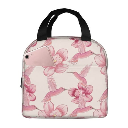 Insulated Lunch Bag for Women Men - Pink Hummingbird Flower Leakproof Cooler Lunch Box for Women Men  Lunch Tote Bags for Work School Picnic Travel