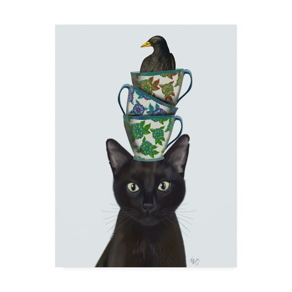 Trademark Fine Art 'Black Cat with Teacups and Blackbird' Canvas Art by Fab Funky
