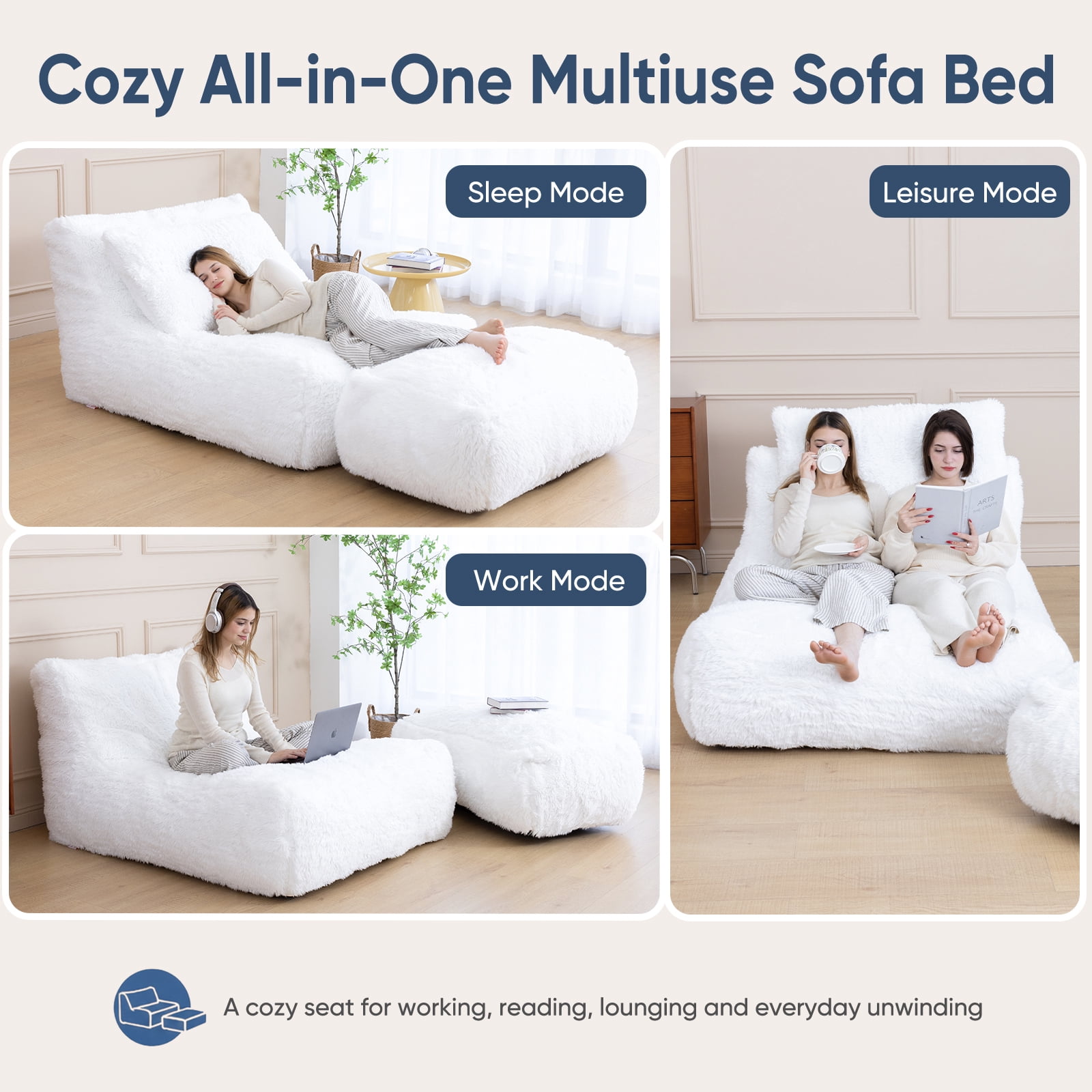 Alvantor Convertible Plush Sofa Bed with Ottoman and Pillow, Oversized Shaggy Faux Fur Floor Sofa, Foam Filled Armless Sleeper for Living Room, Bedroom, Dorm