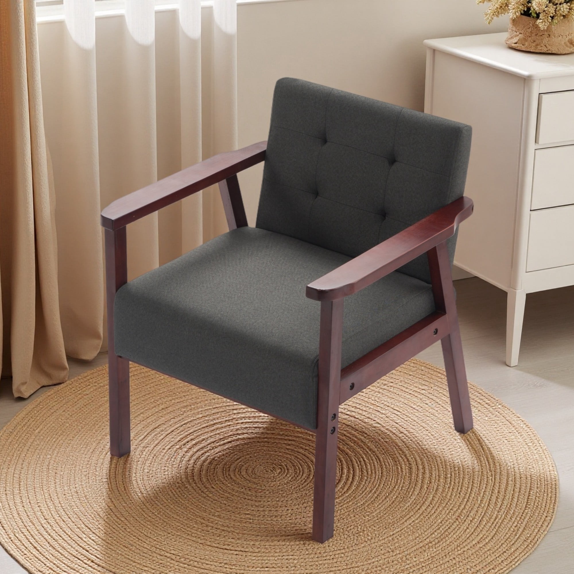 Gewnee Dark Gray Linen Wood Frame Accent Armchair, Sturdy Cedar Legs, High-Density Foam Seat, Non-Slip Pads, for Living Room Bedroom Office