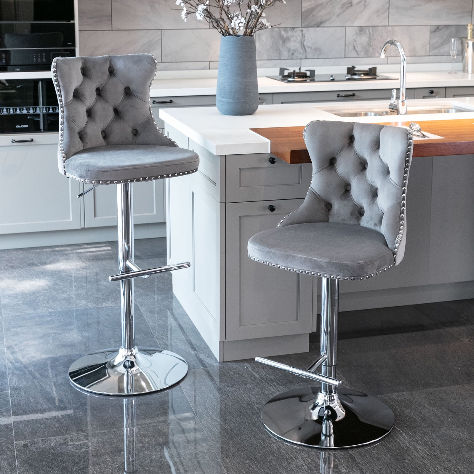ODUSE-DAILY Gray Velvet Bar Stools Set of 2 - Adjustable Swivel Counter Height Chairs with Tufted Back and Nailhead Trim for Kitchen Island Pub Restaurant (2Pcs, Chrome Metal, Grey)