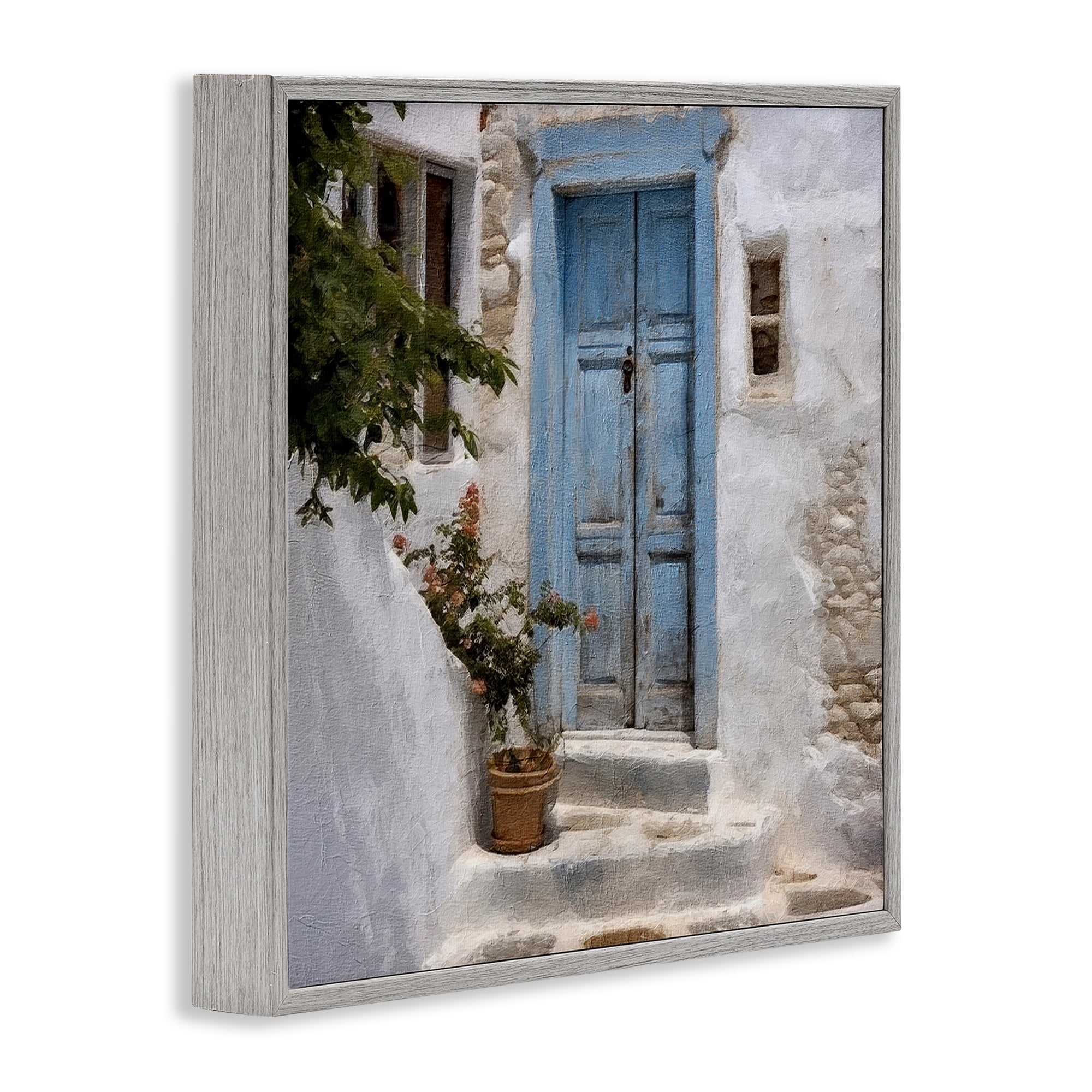 Stupell Industries Blue Greek Door Town & City Painting Gray Framed Art Print Wall Art, 17 x 17
