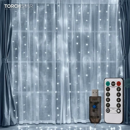 TORCHSTAR 9.8 x 9.8ft LED Curtain Lights with USB, Christmas String Light with Remote for Christmas, 5500K Daylight