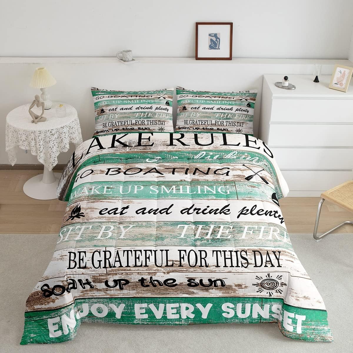 Lake Rules Comforter Set, Lake House Go Boating Bedding Sets Queen Size