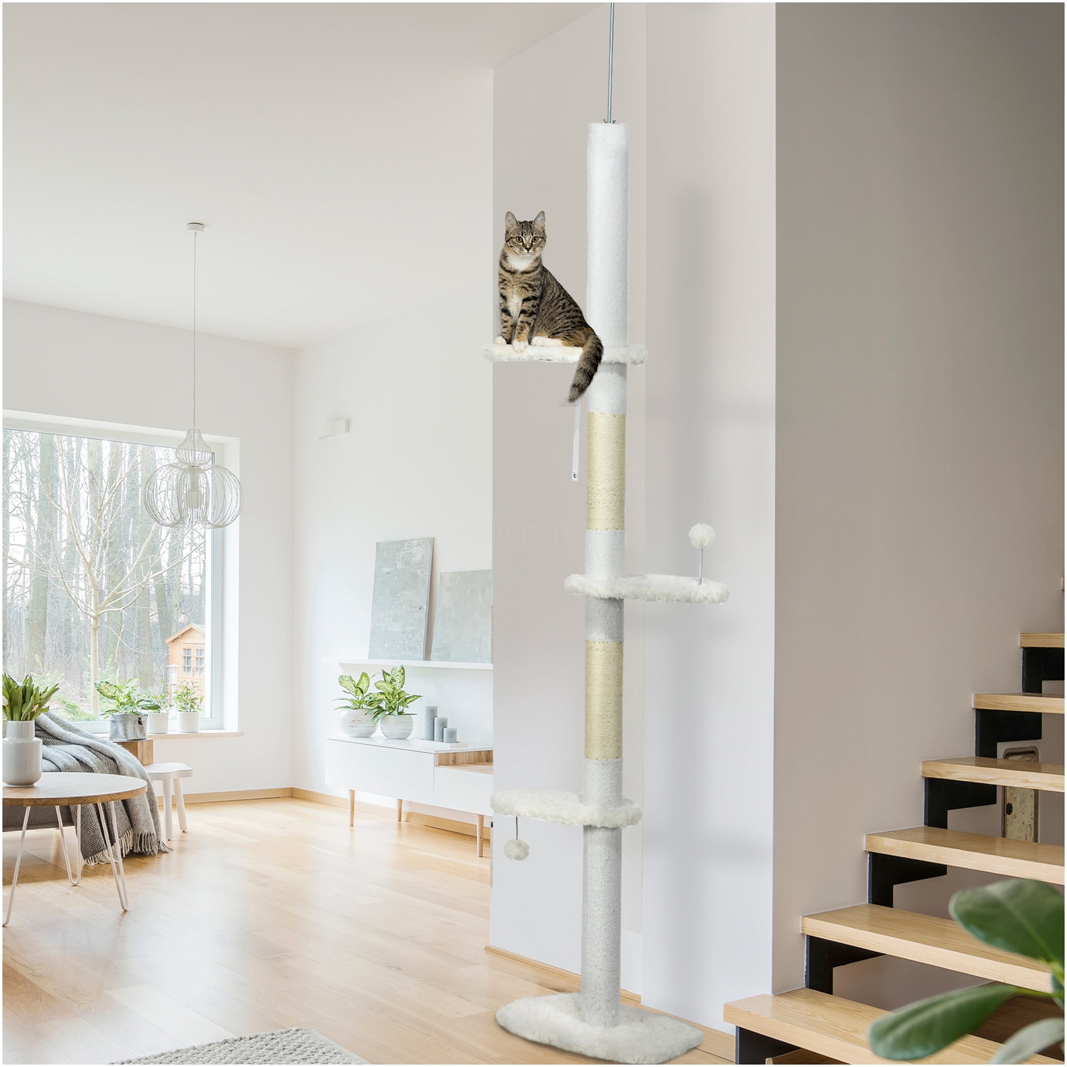 JERFIT Adjustable Floor to Ceiling Cat Tree, 88.5"-100.5" Tall Cat Tower with Scratching Posts, Cloud Perches, Hanging Toys & Anti-Tip Safety Wall Mount for Indoor Cats, White