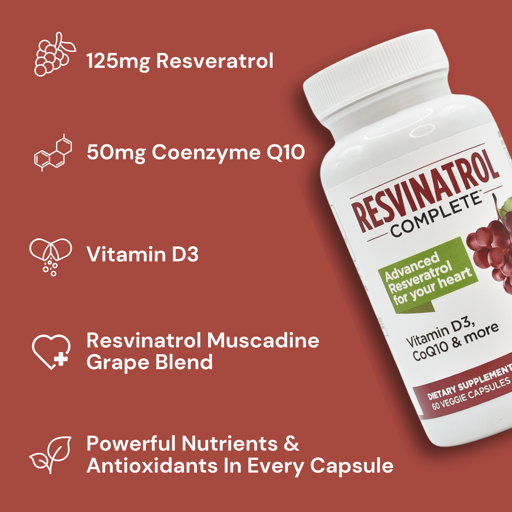 Resvinatrol Complete Capsules, 60 Count - Resveratrol Supplement Supports Heart Health, Healthy Aging and Immune Health