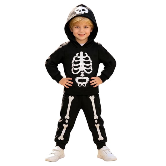 RMGVDSD Toddler Boys Girls Halloween Outfit Fall Winter Clothes Skeleton Print Hoodie Long Sleeve Hooded Sweatshirt Tops Pants 2Pcs Outfits Set 6-12 Months