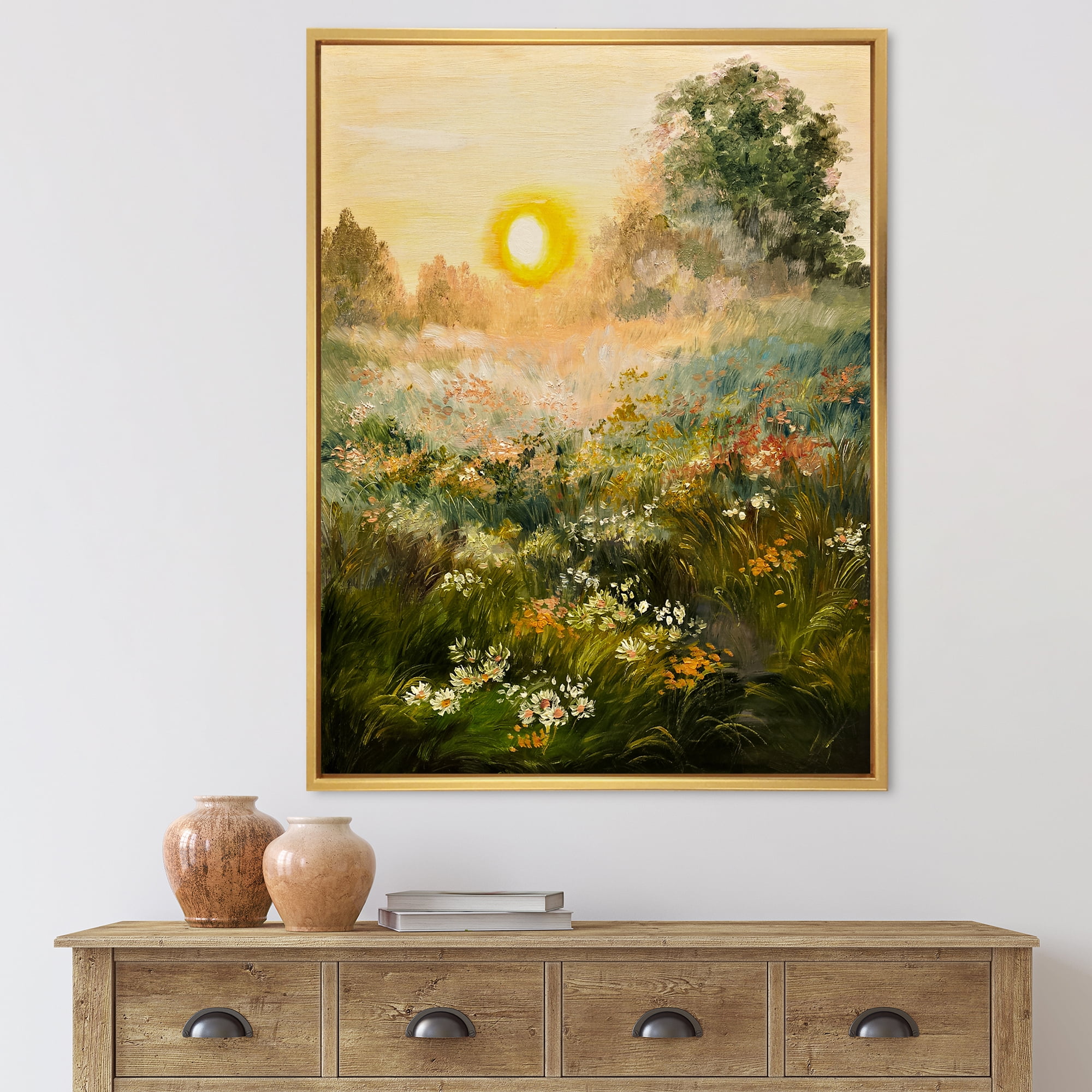 Designart 'The Blossoming Field With Sunrise' Farmhouse Framed Canvas Wall Art Print