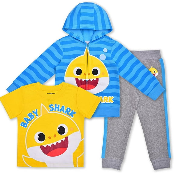 Baby Shark Boys 3 Piece Zip Up Hoodie Tee and Jogger Set, Toddler