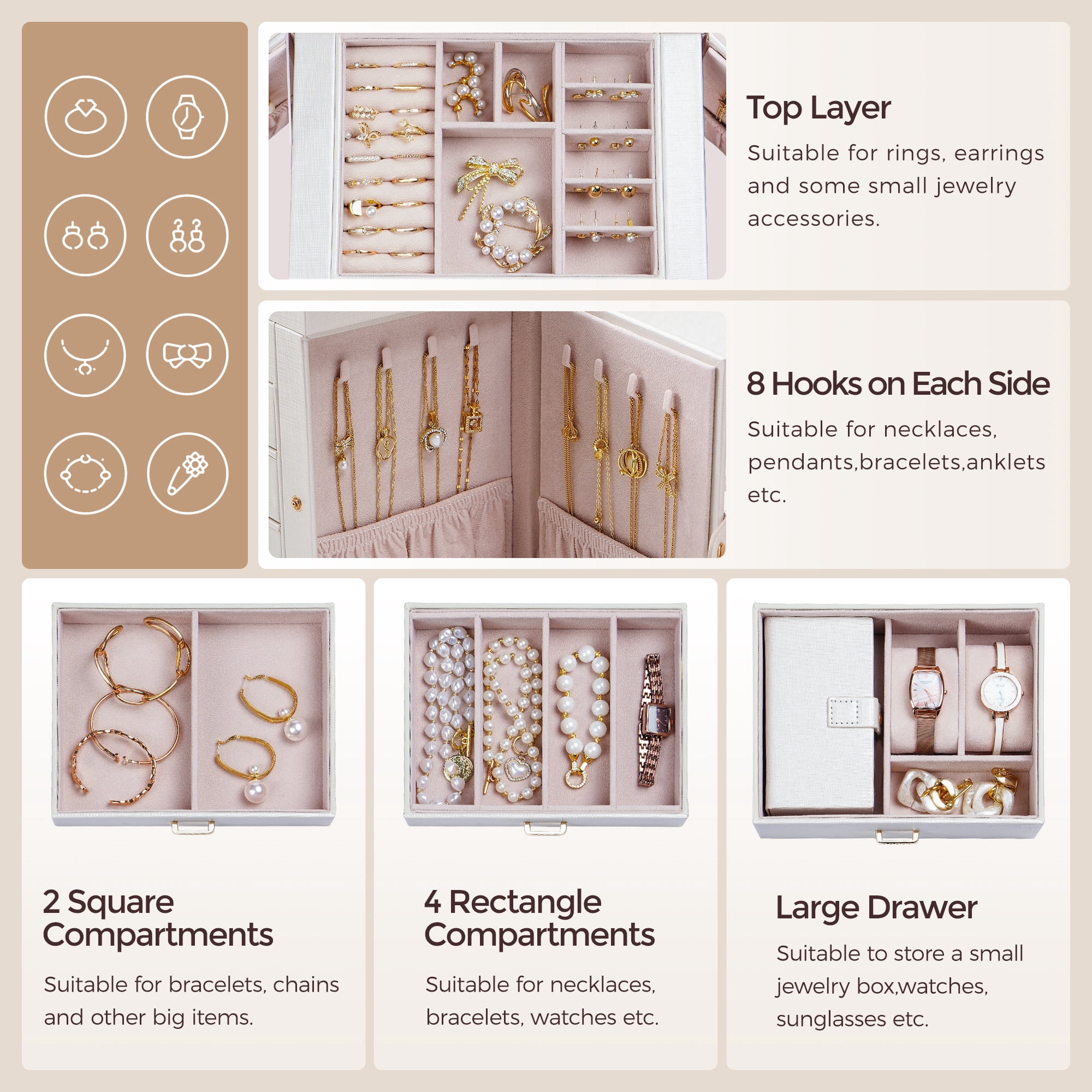 Casegrace 4-Tier Huge Jewelry Organizer with Small Jewelry Case, Built-in Large Mirror Case, 2 Side-door Necklace Display Holder, 3 Drawers Storage Jewelry Box for Earrings, Rings, Bracelets, Watches