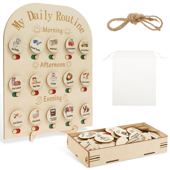 Threns Wood Daily Routine Chart Time Management Kid Visual Schedule Slide Change Wood Chore Chart Exercise Learning for Children