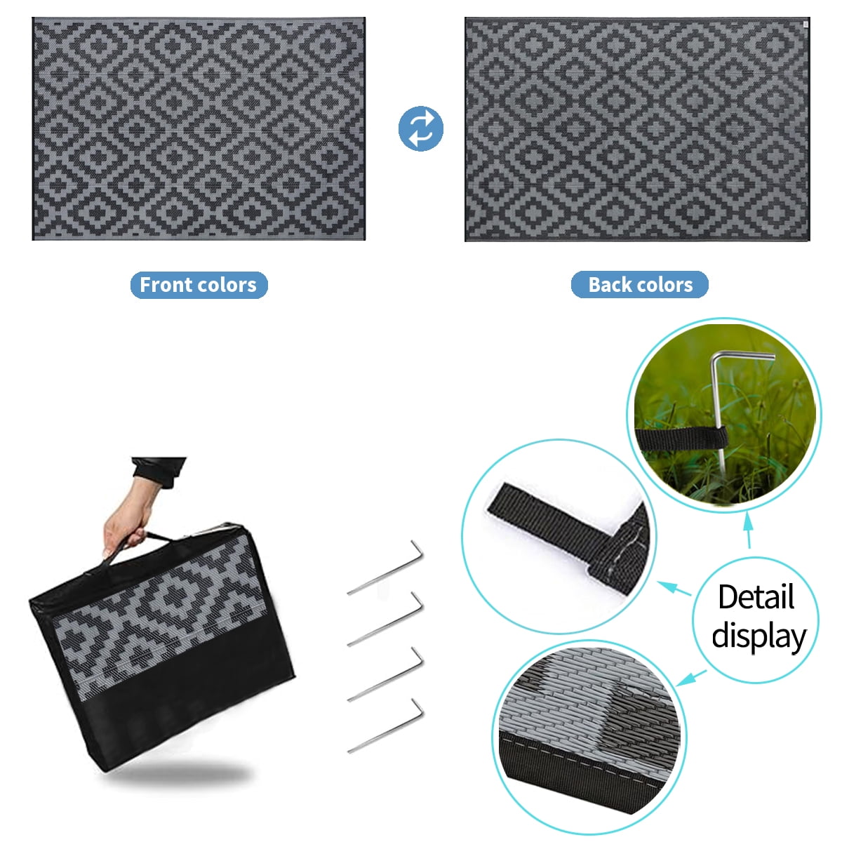 Kzaei Waterproof Outdoor Rug, Reversible Plastic Camping Area Rugs, Black & Gray
