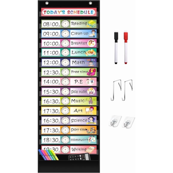 KEEPJOY 15 1 Pockets Daily Schedule Pocket Chart with 30 Pcs Double-Sided Reusable Cards, Scheduling Pocket Chart for Classroom Office Home School Activity(Black)